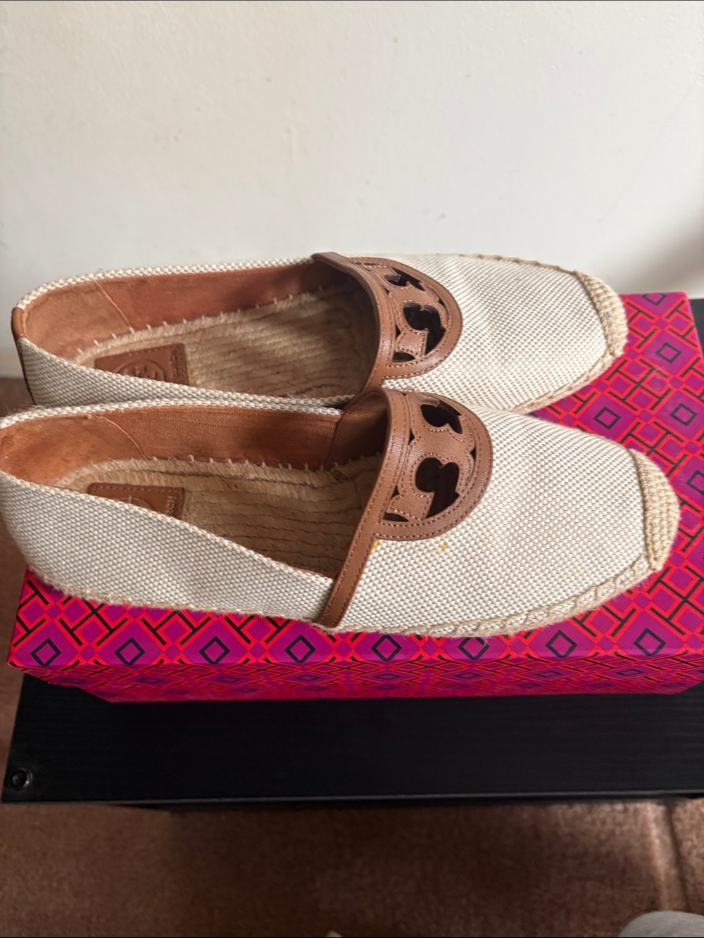 Tory Burch Cream Canvas Espadrille Flats with Brown Leather Logo